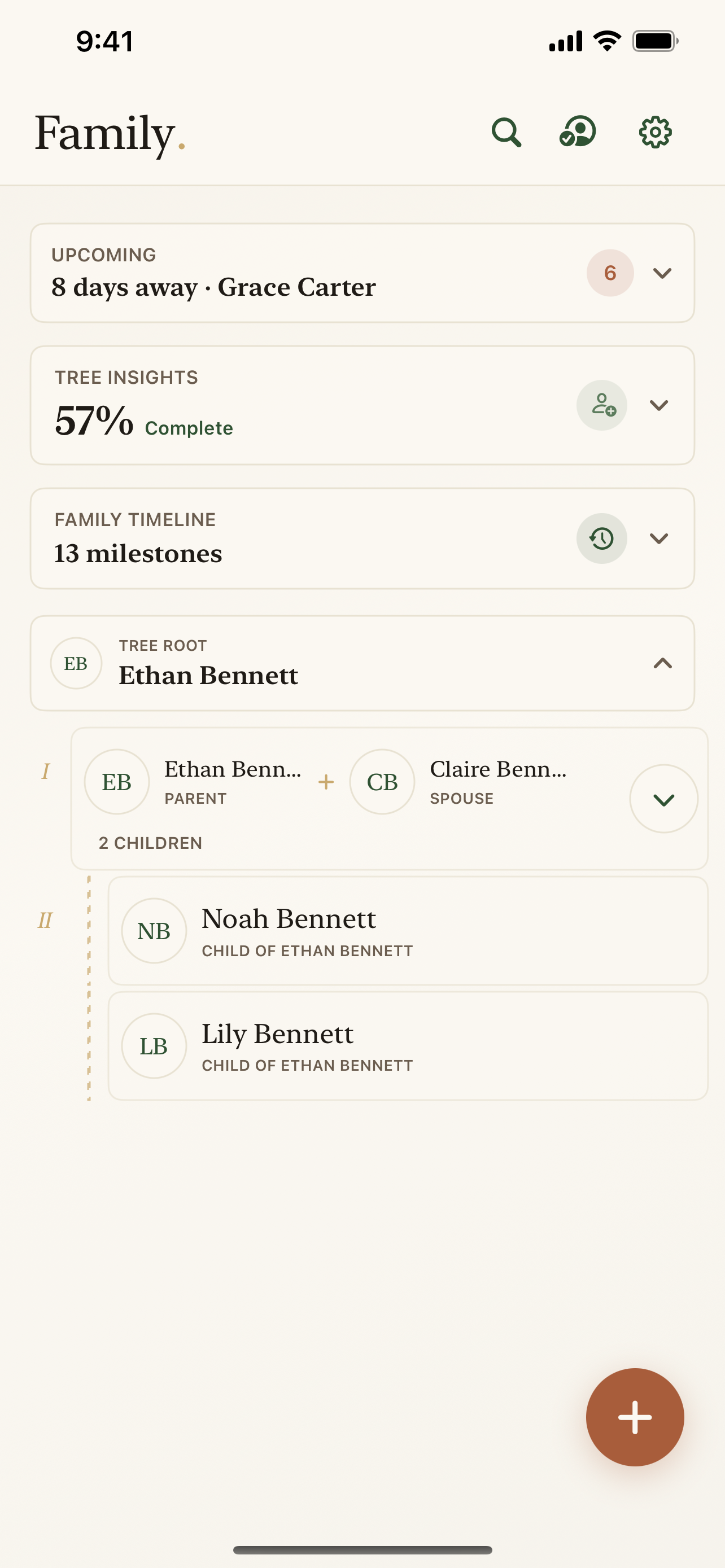 FamilyRoots dashboard showing a private family tree overview.