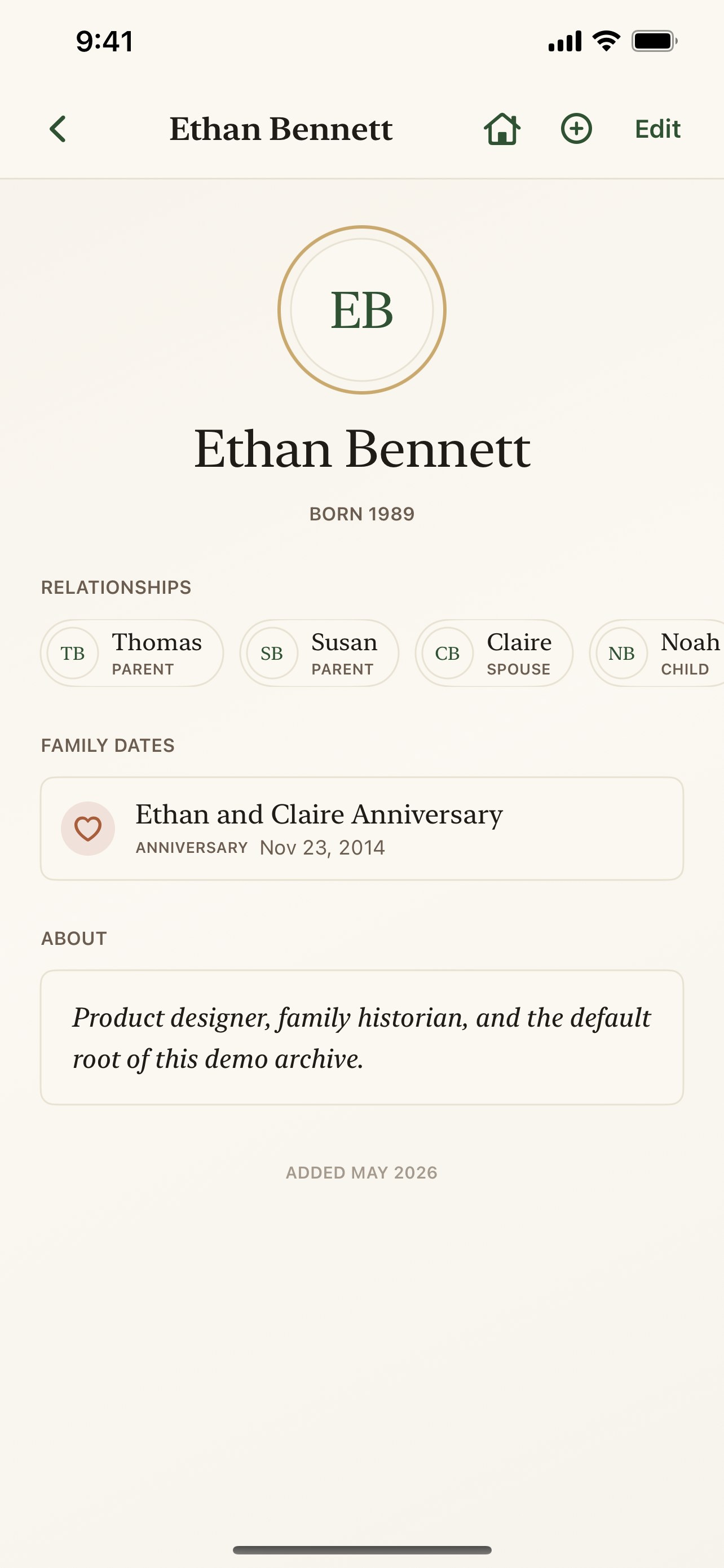 FamilyRoots profile screen showing family details.